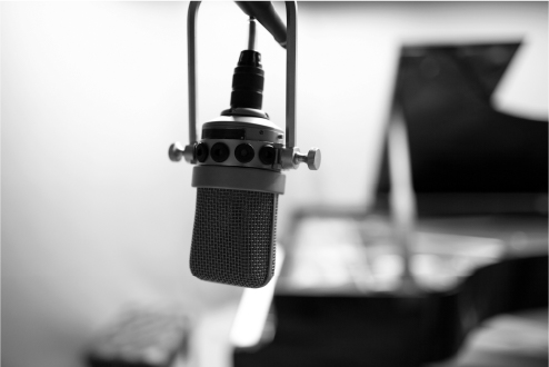 Professional microphone in black-and-white